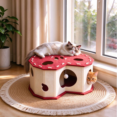 Tunnel pour chat en feutre de 23,62 po de largeur, lit pour chat et tunnel pour chat Peekaboo, grattoir en feutre pour chat avec trous de couette, cachette intérieure confortable pour les grands chats et chatons dans le salon, la chambre à coucher et le bureau personnel, rouge