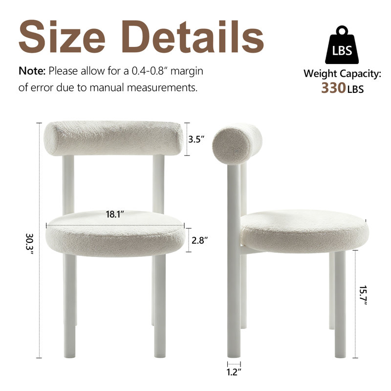 Petite chaise de coiffeuse sans accoudoirs en tissu Teddy avec soutien lombaire pour le maquillage dans la chambre, blanche