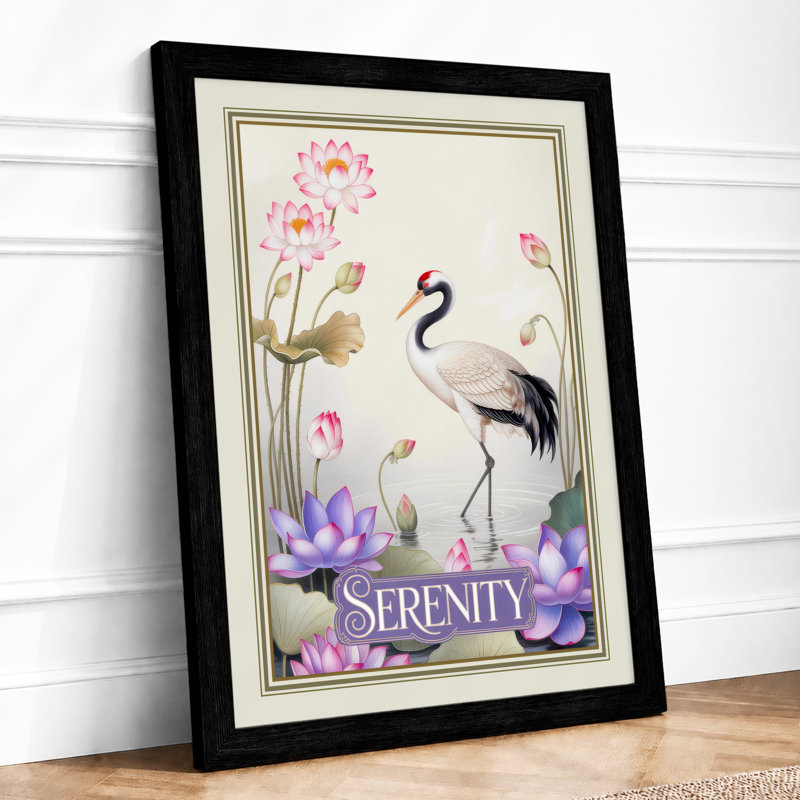 Crane in Serenity Japandi - Framed Print, A1 - 84.1 x 59.4 cm, Black