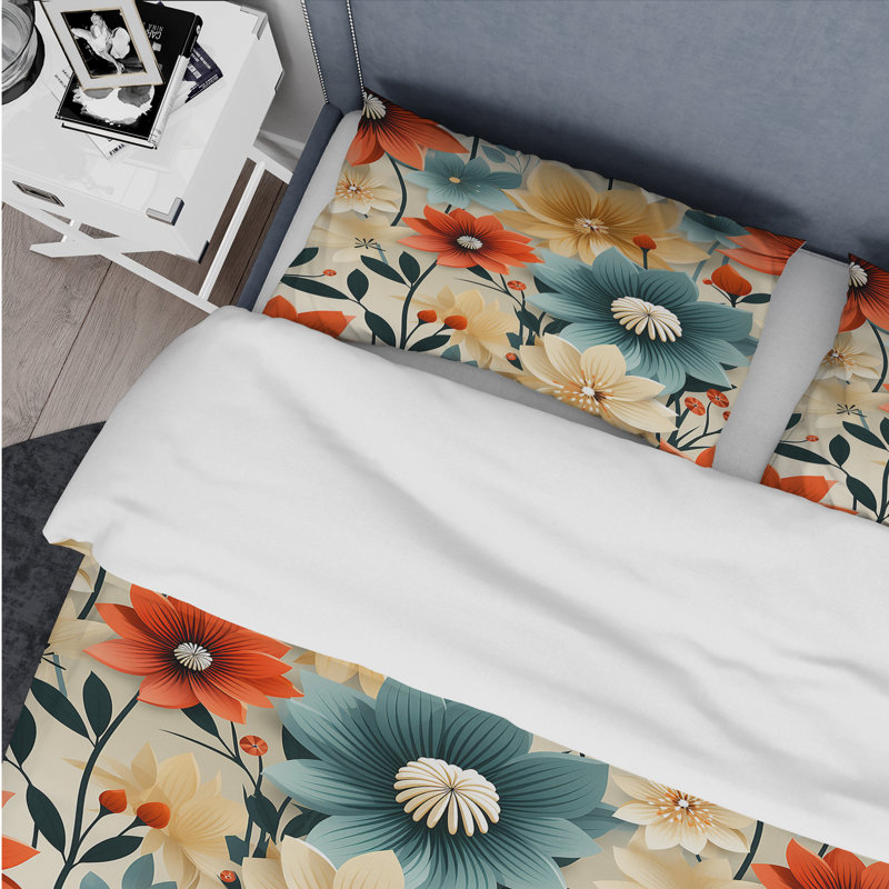 Hooman Mod Floral Nostalgia - Ensemble de housse de couette style Mid-Century - Microfibre de polyester