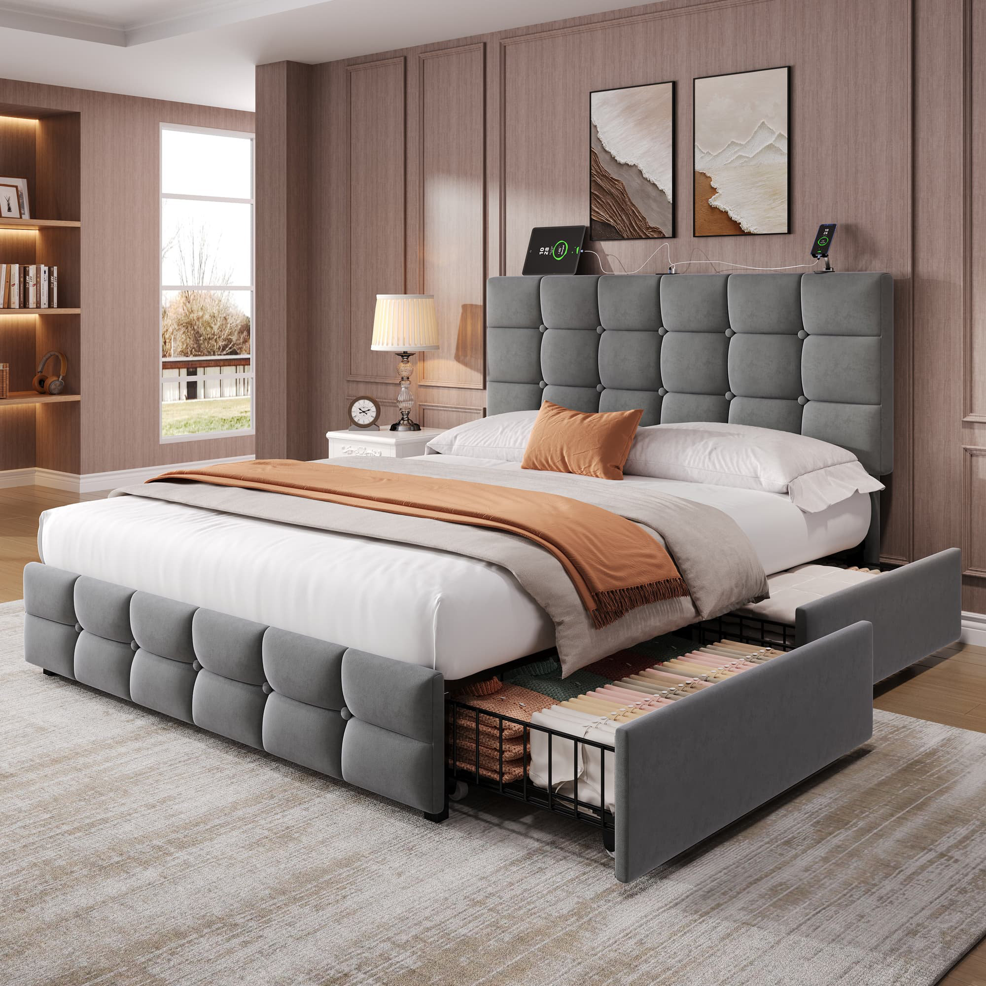 Ebern Designs 4ft6 Upholstered Velvet Bed with Storage & Charging ...