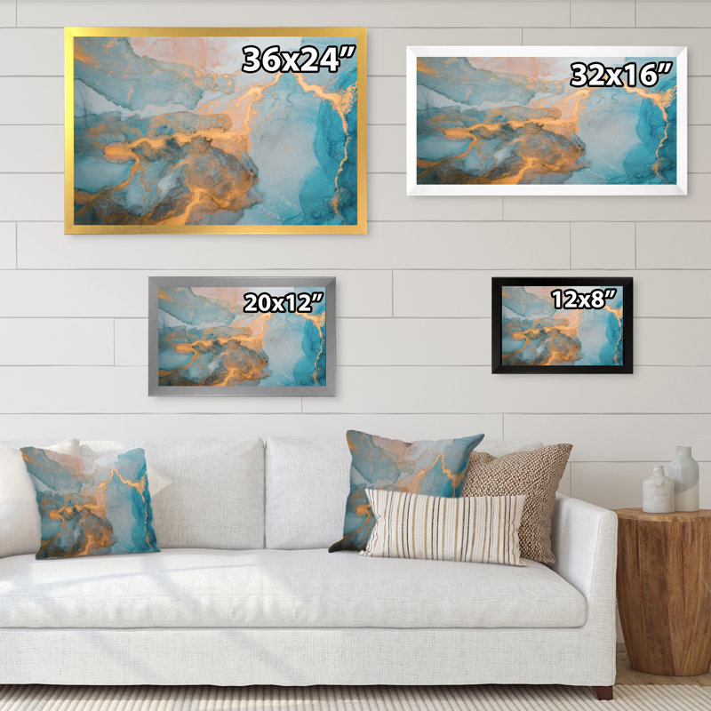 Encre liquide Golden Grey and Blue Marble - reproduction sur cadre flottant, Cadre photo blanc, H 12 po x l 20 po x P 1 po