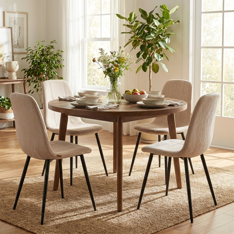 5 Pieces Round Kitchen Table With Upholstered Chenille Fabric Leather Dining Chairs