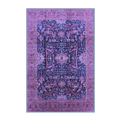 Tapis oriental en laine / polyester tissé à la machine bleu foncé / mauve
