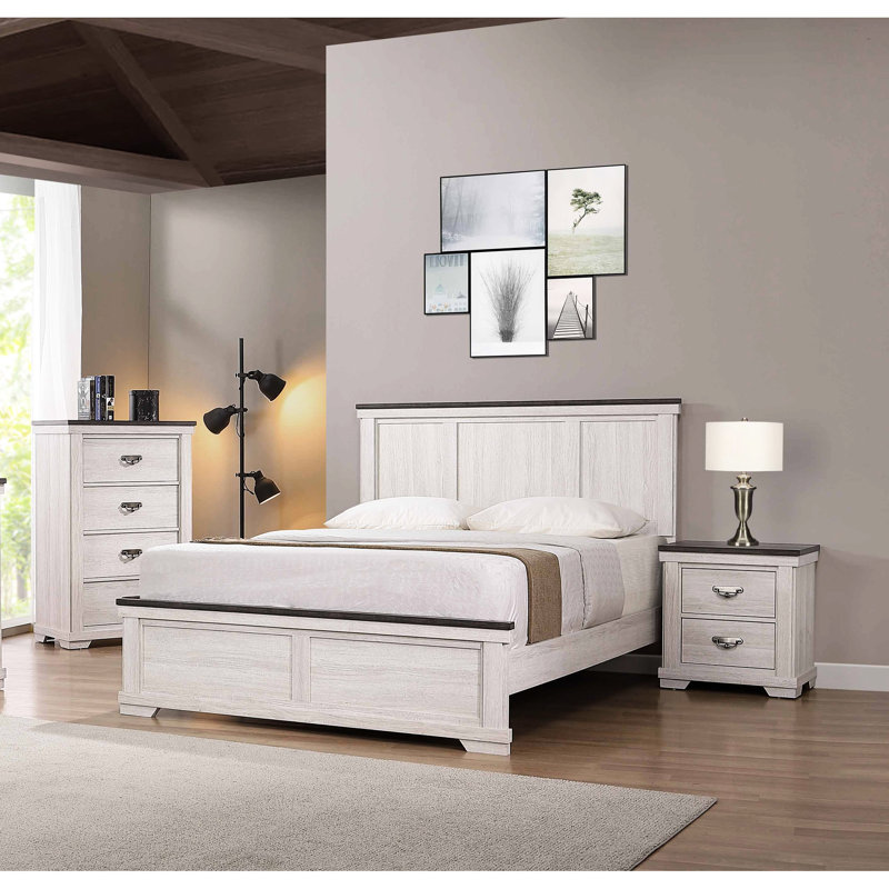 Commode de chambre à coucher avec quatre tiroirs, aspect rustique gris / blanc contemporain gris