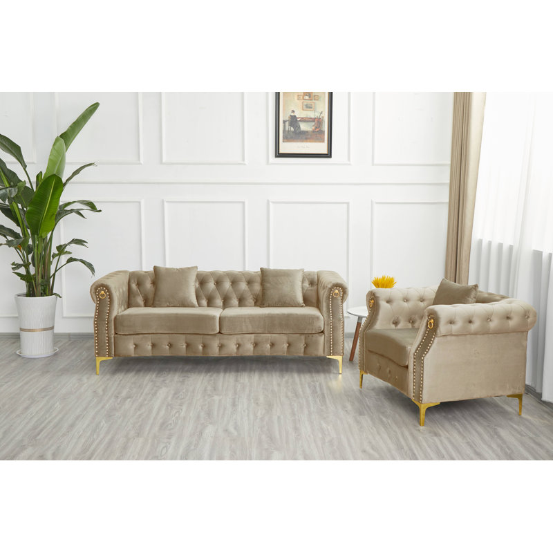 Ensemble de salon rembourré 2 pièces avec pieds en métal, Beige