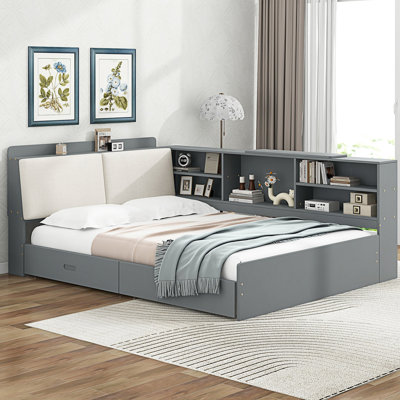 Full Size Platform Bed With Storage Headboard, Shelves And 2 Drawers