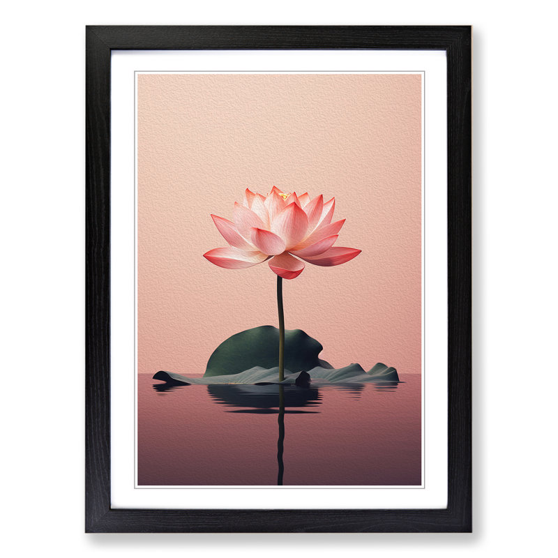Lotus Flower Minimalism - Single Picture Frame Print on Wood, 46cm H x 34cm W x 2cm D, Black