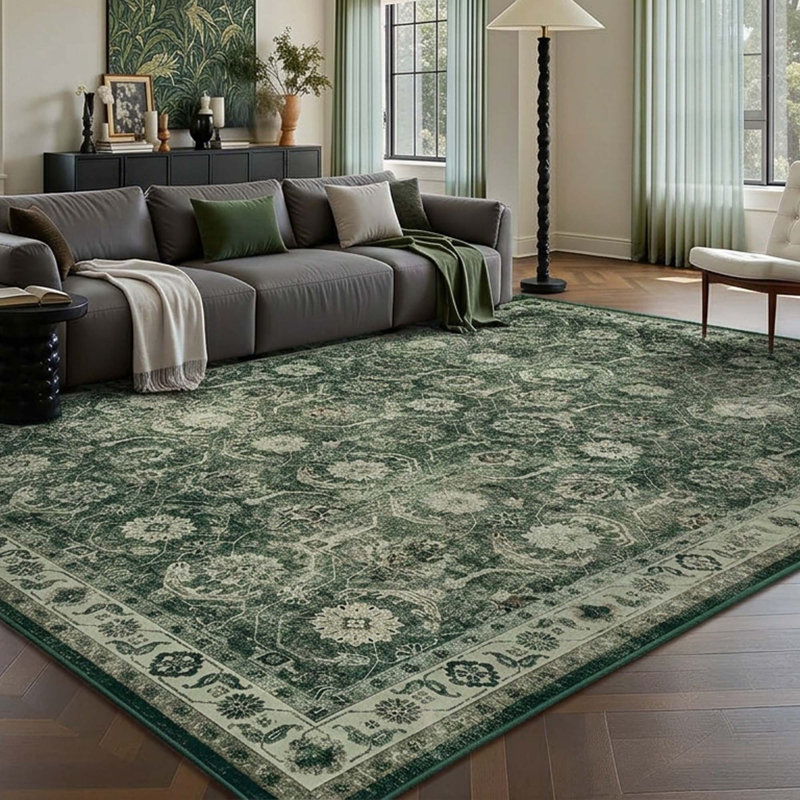 Soft Washable Non Slip Area Rug Low Pile Modern Boho Floral Pattern Pet Friendly Foldable Carpet for Living Room Bedroom Dining Room Sage Green