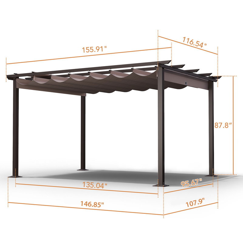 Aluminum Pergola with Retractable Canopy, Brown, 13 ft. W x 10 ft. D