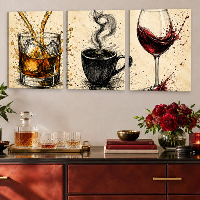 3 Pieces Exculisive Whiskey Coffee and Red Wine Still Life Wall Art, Modern Canvas Decor for Living Room, Bedroom, Office and Home, Ready to Hang