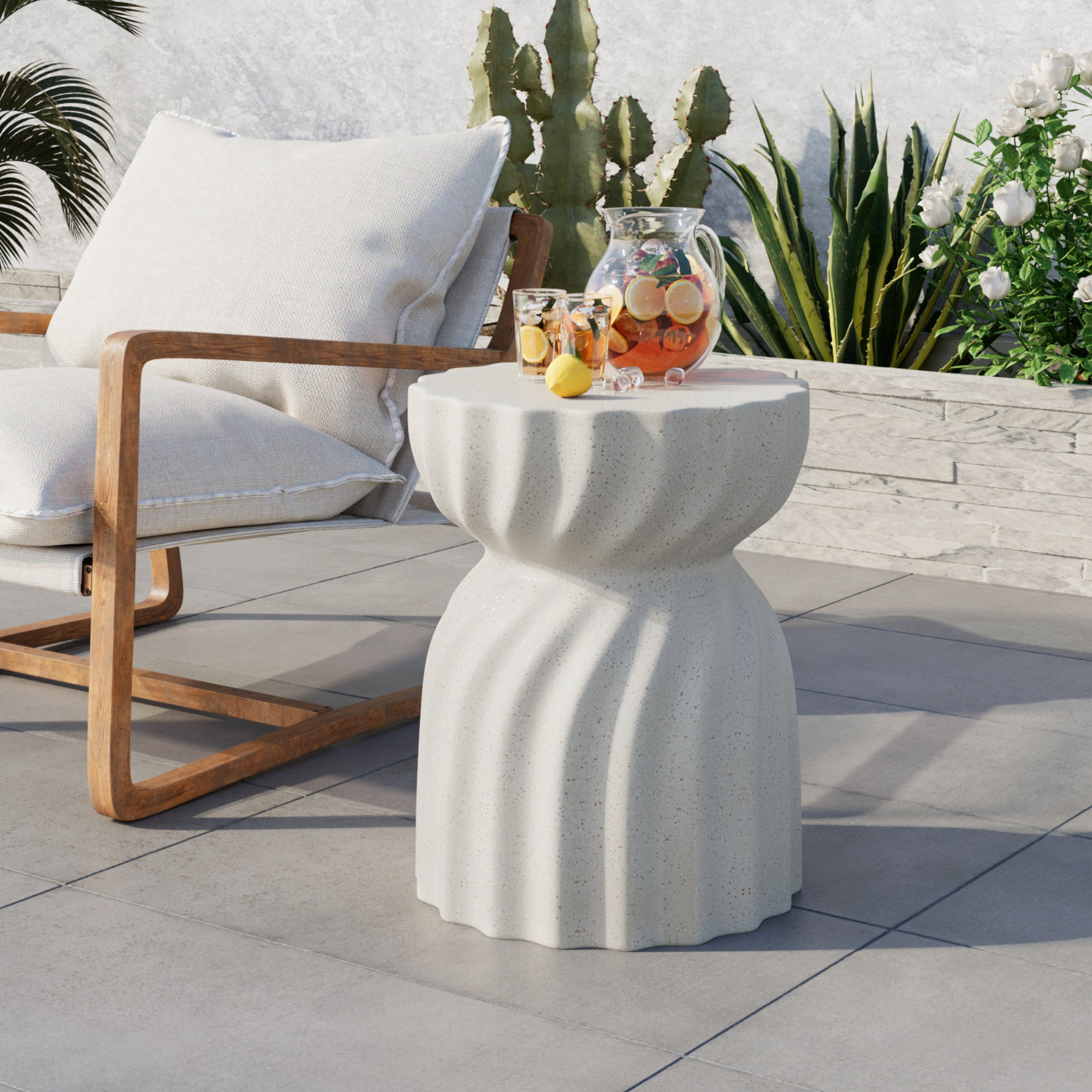 14.2'' Stone Outdoor Side Table, White