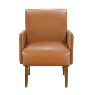 Chaise en bois massif de style Mid-Century moderne, assise en similicuir brun, pieds en finition noyer, profondeur de 25,77 po, capacité de poids de 300 lb, revêtement de siège de 21,5 po et hauteur de 34,75 po