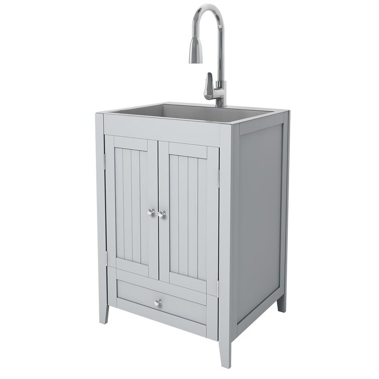 24 White Laundry Utility Cabinet w/ Stainless Steel Sink and Faucet Combo