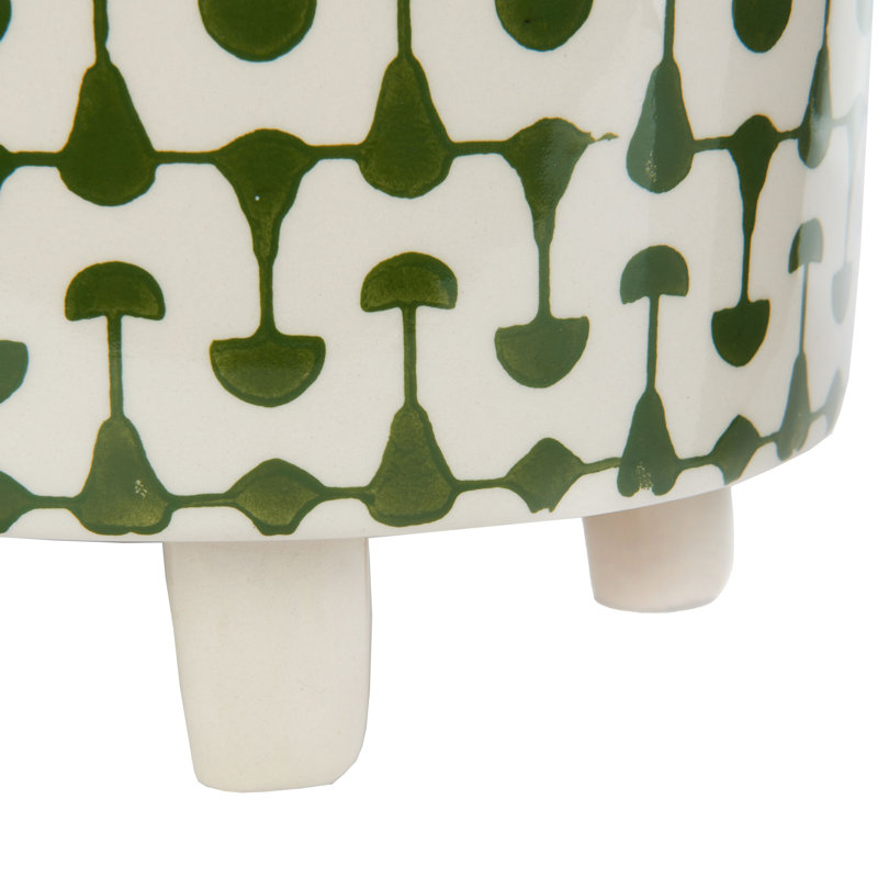 Footed Stoneware Planter with Abstract Print, Green