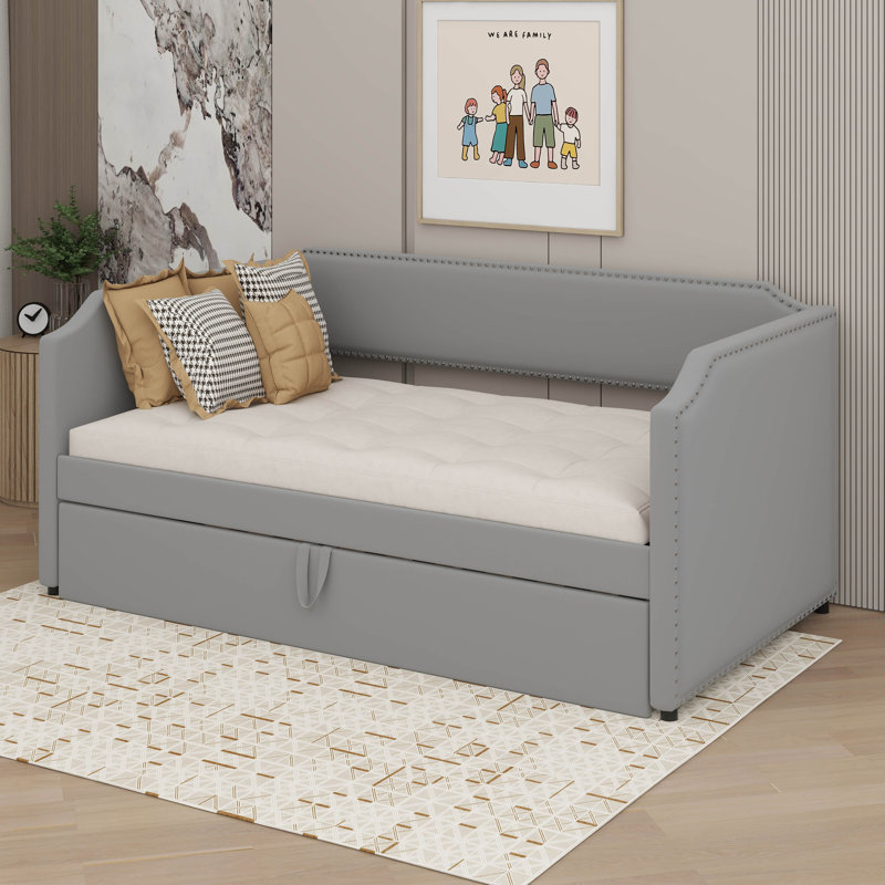 Twin Size Upholstered Daybed With Pop Up Trundle, Velvet Upholstered Daybed With Trundle, Gray