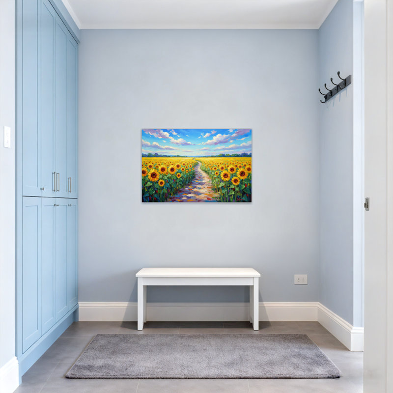 Paysage et nature Champ de tournesols Chemin Ciel Nuage Feuilles vertes Couleurs vives, H 12 po x l 18 po