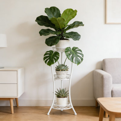 Support à plantes à 3 niveaux pour l'intérieur et l'extérieur, support de pot de fleurs en fer forgé avec finition résistante à la rouille, support vertical peu encombrant pour patio, porche, salon ou jardin