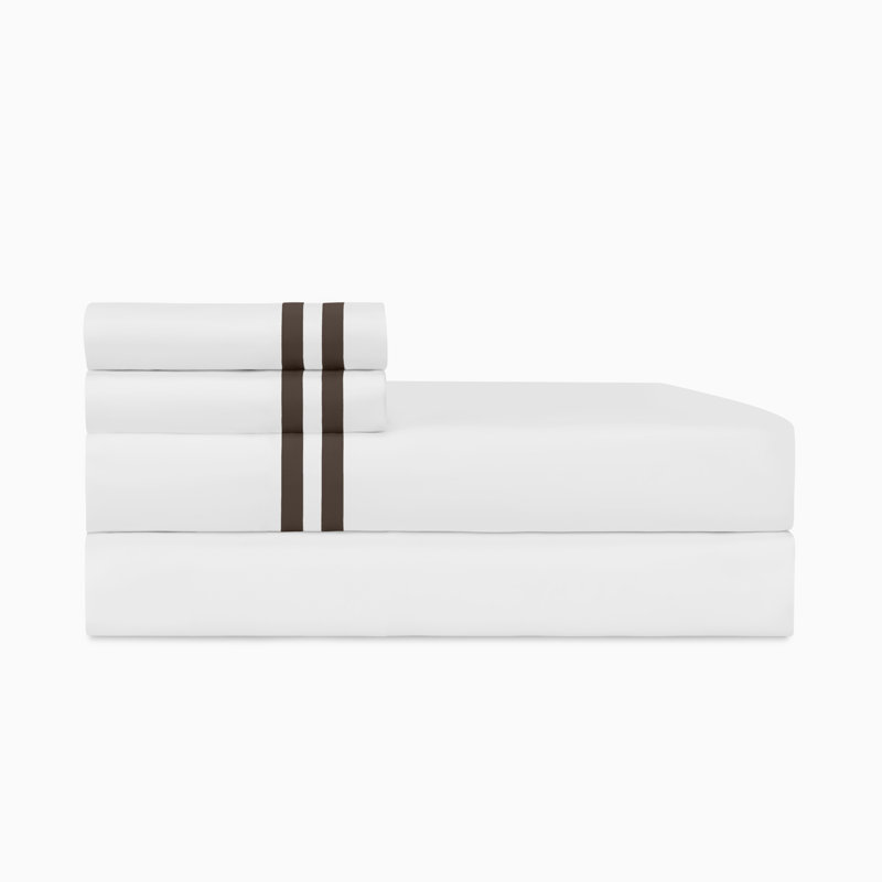Ribbons Sateen Sheet Set, White/Chocolate, Queen