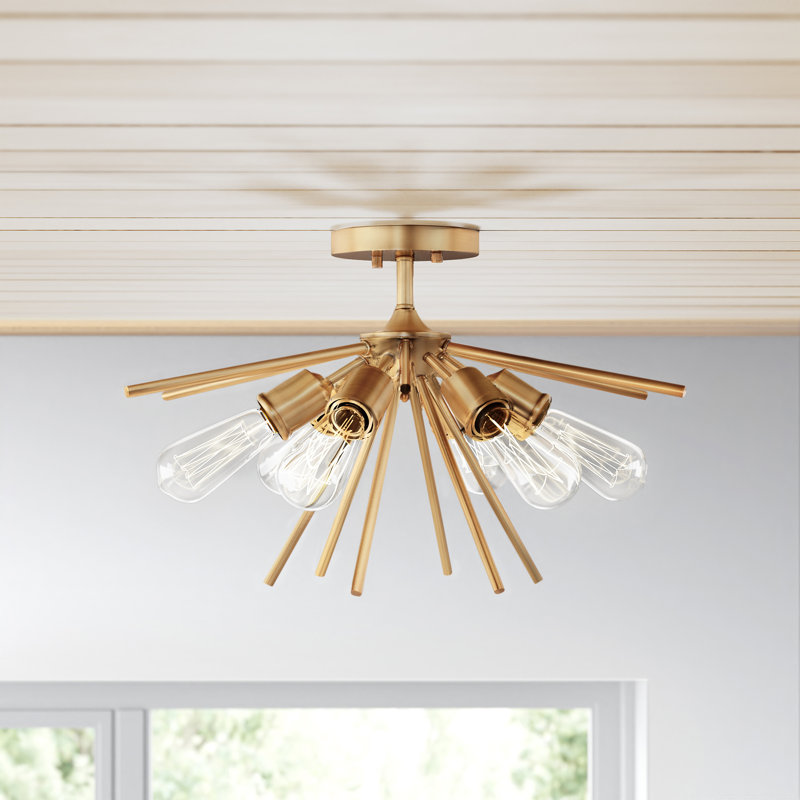 Natural Brass 6-Light Sputnik Semi Flush Mount Fixture