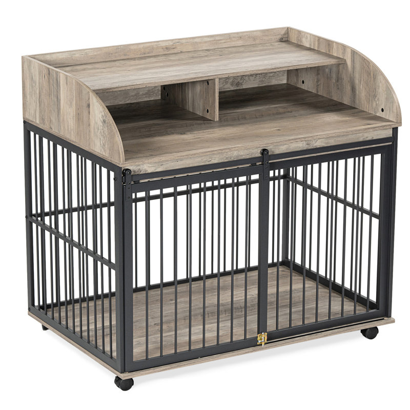 Grande cage pour chien avec porte coulissante et conception fonctionnelle, extérieur à roues pivotantes sur 360 degrés chenil gris