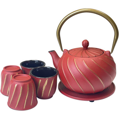  Théière en fonte 900 ml / 30 oz avec 4 tasses 1 ensemble de dessous de plat émaillé et infuseur en acier inoxydable (rouge)