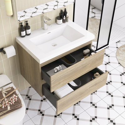 Meuble-lavabo mural 30 po avec lavabo en résine intégré, 2 tiroirs