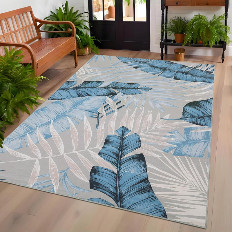 2x6 Washable Hallway Runner Rug Modern Tropical Plant Non-Slip Stain-Resistant Low Pile Indoor Home Decor Faux Wool Green
