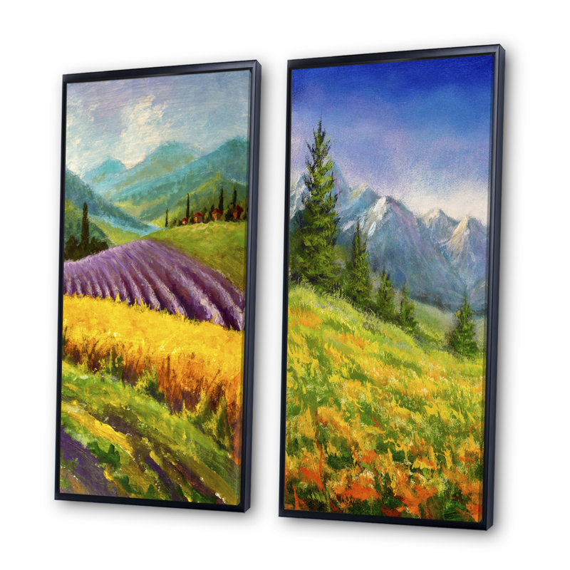 «Italian Lavender Field», ensemble de 2 peintures sur toiles, H 40 po x l 40 po x P 1 po, Cadre flottant noir