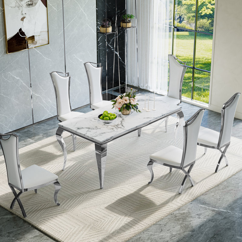 7-Piece Modern Dining Set with Faux Marble Table and Upholstered Chairs – Velvet & PU Options, Stainless Steel Legs, Seats 6
