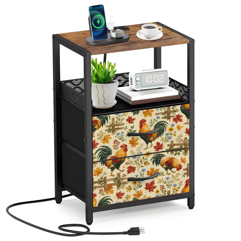 Table de chevet à 2 tiroirs en tissu avec station de charge
