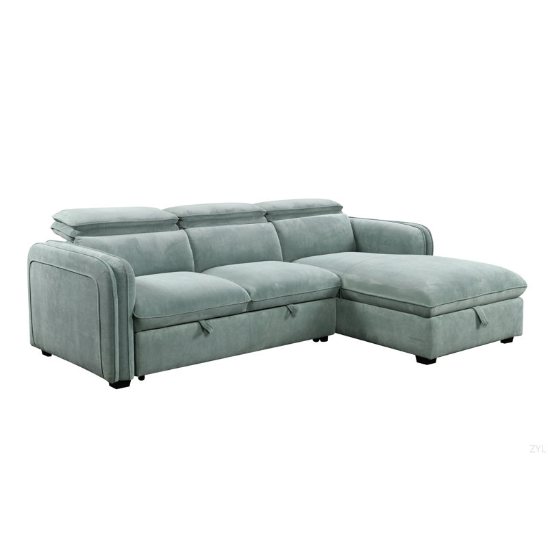 Canapé modulaire en chenille vert clair avec canapé-lit et rangement