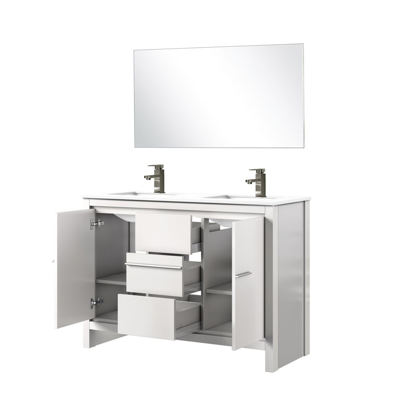48" X 20.27" White Bath Vanity With Quartz Countertop, Metal Faucet And 43 In. Mirror - Scratch Stain Protected Surface 20" Top, Included Stain-