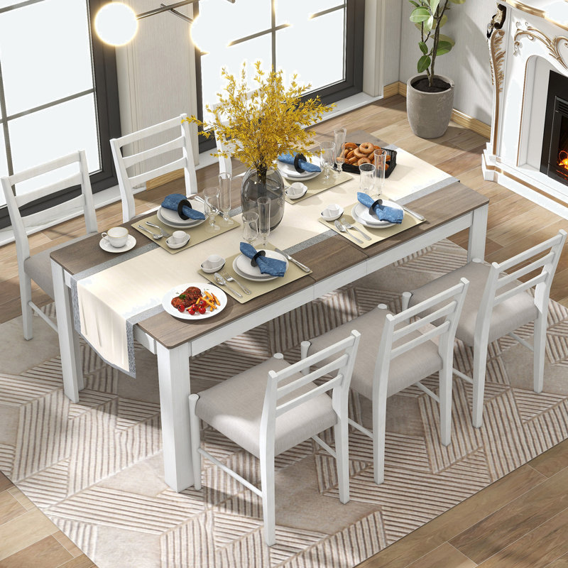 7-Piece Extendable Wooden Dining Table Set With Drawers And Comfortable Upholstered Chairs, For Family Gatherings And Various Occasions