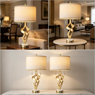 Gold Table Lamps Set of 2, Modern Resin Nightstand Lamps with Marble Base, USB A+C Ports, Pull Chain Switches and 4 Bulbs