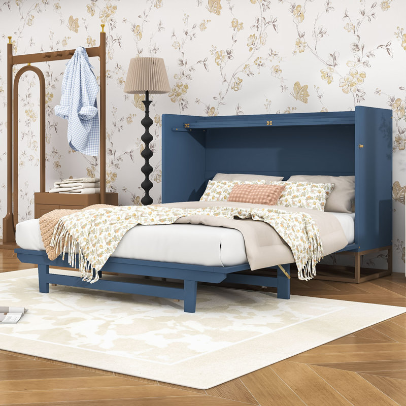 Grand lit escamotable en bois avec lattes, Bleu