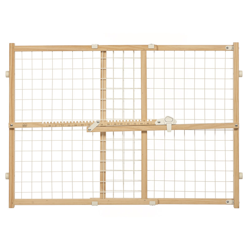Natural Wood and White Wire Mesh Retractable Pet Gate