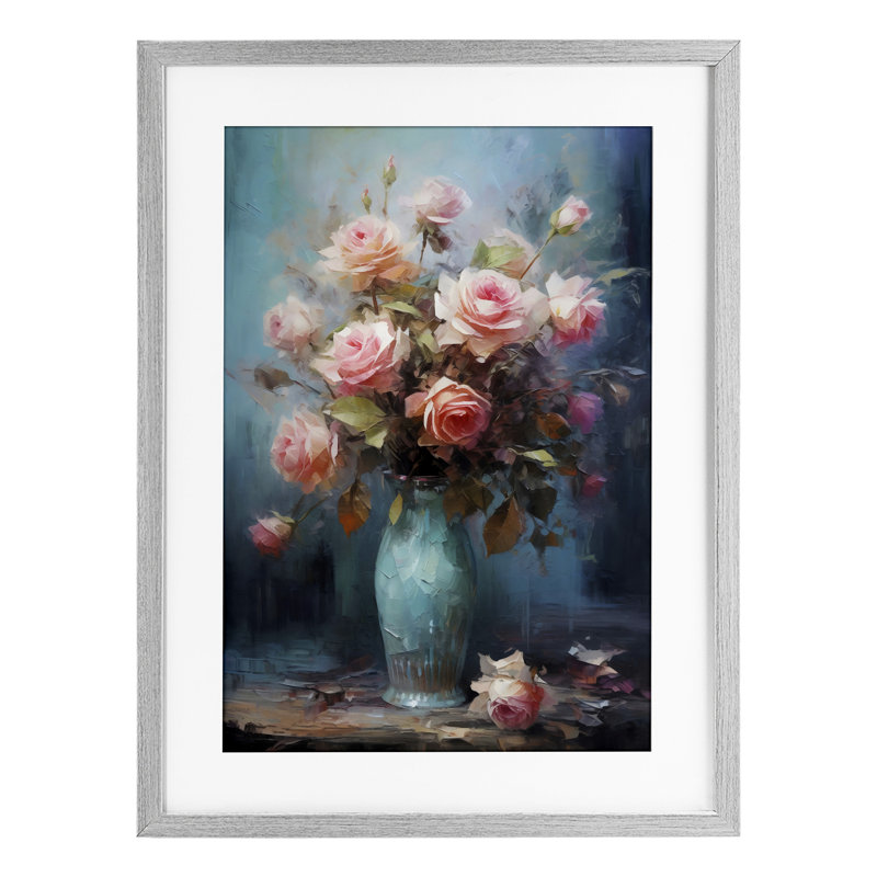 Vase bleu avec roses roses, reproduction encadrée sous verre, design par LSR Creative Studio, H 23 po x l 17 po