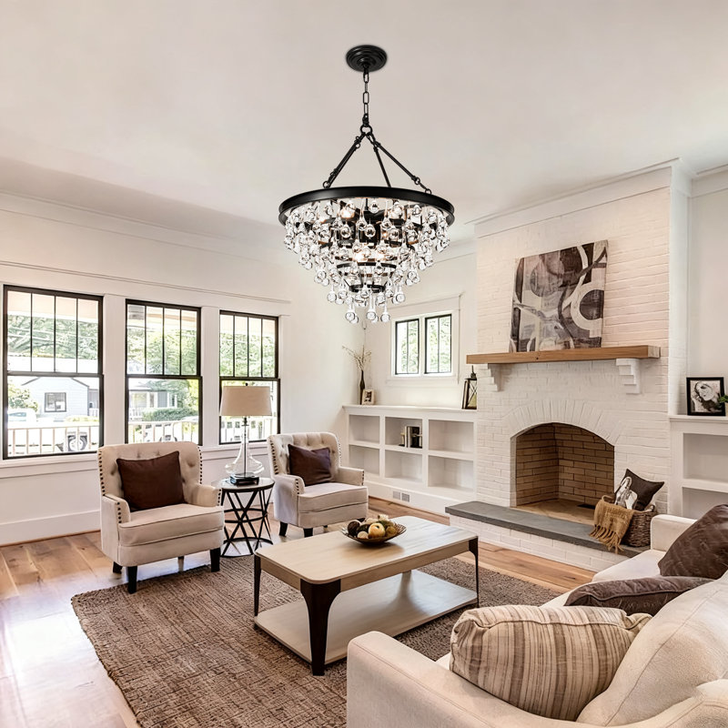 Modern Minimalist Black Wrought Iron Crystal Chandelier