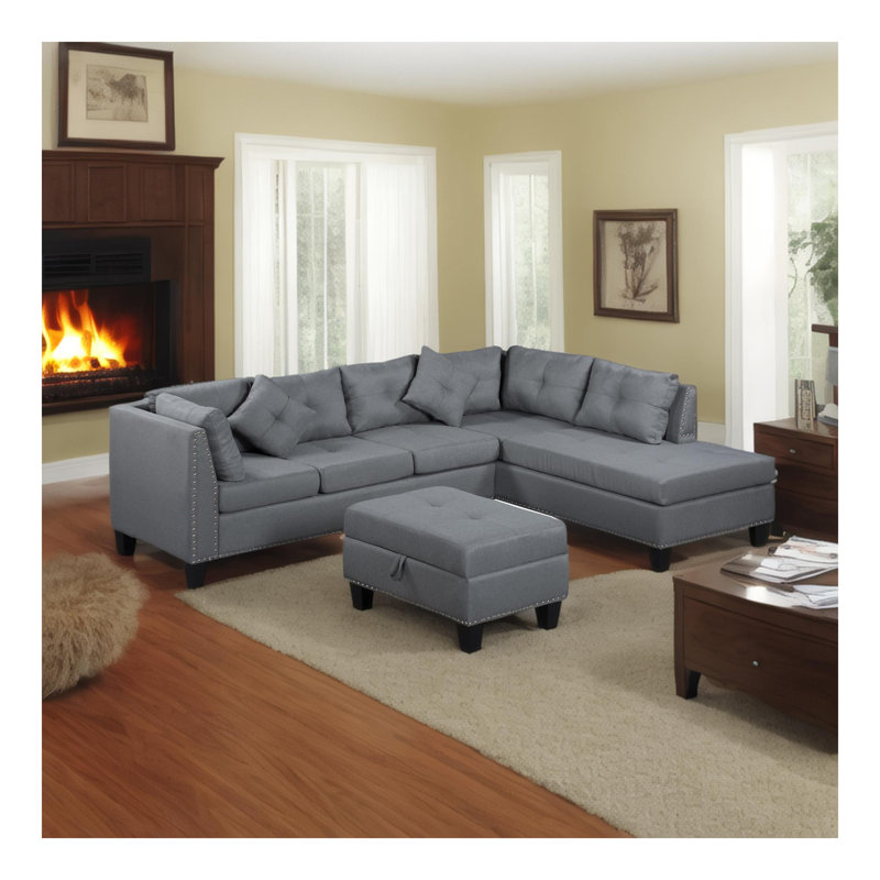 104.5" Upholstered Sofa,Chaise & Ottoman , Gray