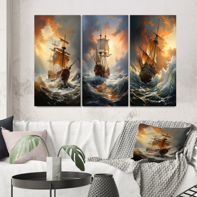 "Voilier majestueux blanc dans la tempête" 3 pièces, Toile tendue, H 40 po x l 60 po