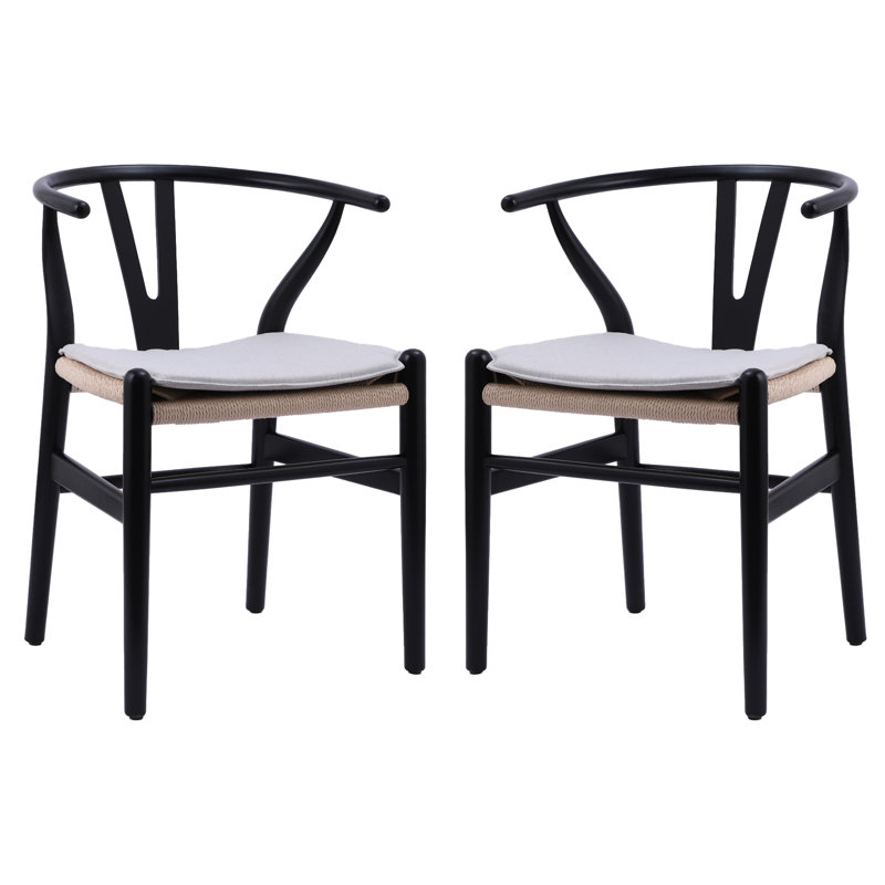 Ensemble de 2 chaises de salle à manger en bois massif tissé et tissé en rotin, Noir / Beige