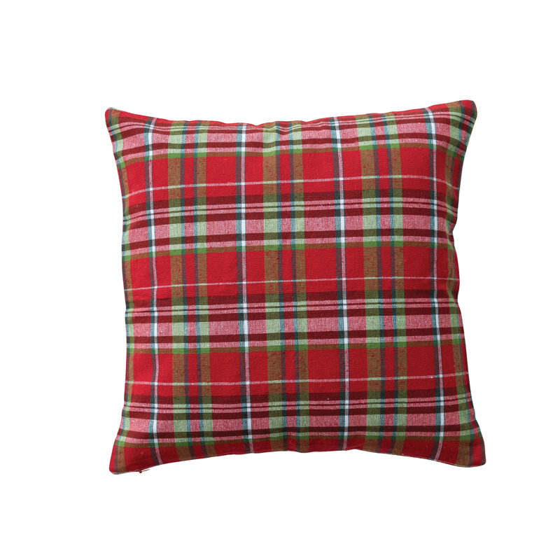 Woven Cotton Lumbar Pillow with Plaid Pattern, Square 18"