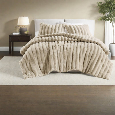 Ensemble de literie en fausse fourrure luxueuse Uluxoft, très grand, taupe, Cozy Home