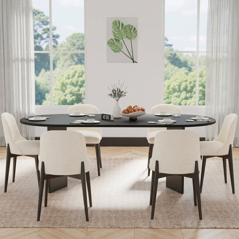Double Pedestal Dining Table Sets With 2 Upholstered Dining Chairs, 3 Pieces: Table, 2 Chairs, Black+Black/White