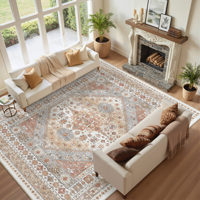 Malaika Machine-Washable Non-Slip Medallion Area Rug, Orange, Rectangle 10' x 14'