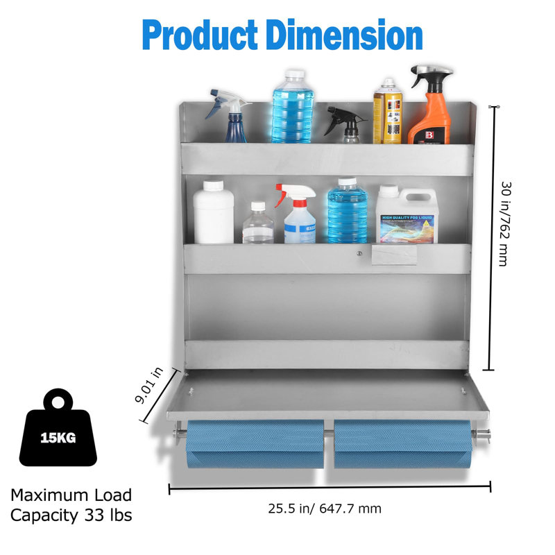 Armoire de rangement en aluminium 5052, armoire à outils murale à 3 niveaux avec table de travail rabattable et porte-serviettes en papier, conception peu encombrante, idéale pour le garage, le magasin et la remorque, argent