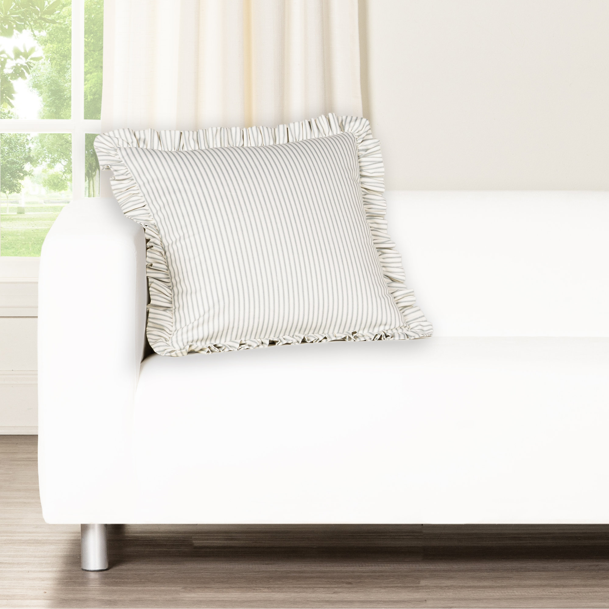 Birch Lane Ticking Stripe Ruffled Accent Pillow, Feather, Gray