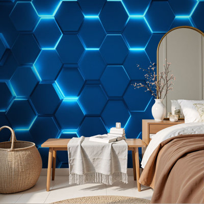 Peel and Stick Wallpaper Futuristic Blue Hexagonal Honeycomb Tech Glowing Light Lines Wall Murals 69"H x 96"W Removable PVC Wall Paper Self-Adhesive Wall Decor for Bedroom Living Room Home Office