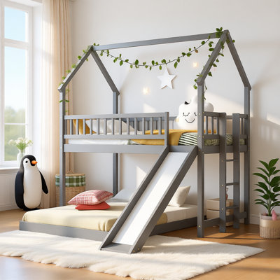 Twin over Full House Bunk Bed with Slide and Built-in Ladder, Solid Wood Frame by Harriet Bee
